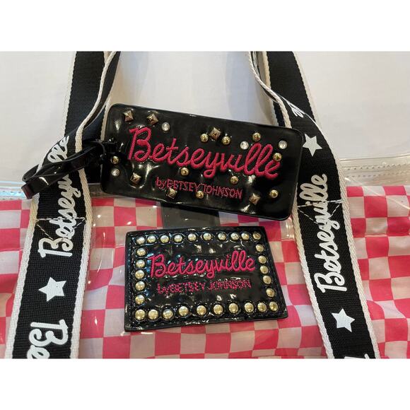 Betsey Johnson Betseyville Clear Tote Bag Pink Checkered Lining, Studded Detail - Picture 3 of 10